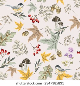 Autumn titmouse birds, maple, oak leaves, berries, mushrooms, acorns,  fern, beige background. Vector seamless pattern. Fall season illustration. Forest nature design