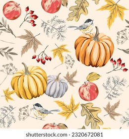 Autumn titmouse birds, pumpkins, apples, maple leaves, berries, fern, light background. Vector seamless pattern. Fall season illustration. Forest nature design