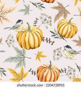 Autumn titmouse birds, pumpkins, maple leaves, light background. Vector seamless pattern. Fall season illustration. October harvest. Organic vegetable garden food. Nature design