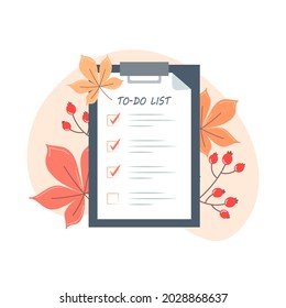 Lista de tareas pendientes de otoño en el comprimido de forma plana