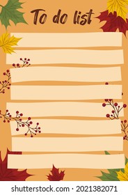  Plantilla de lista de tareas pendientes de otoño con hojas de arce y bayas de otoño. Planificación y registro de tareas diarias. Ilustración vectorial.