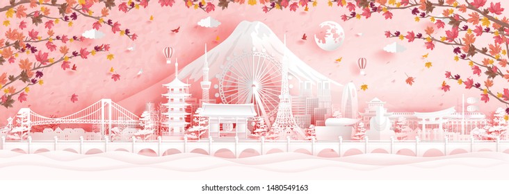 Autumn in Tokyo, Japan with falling maple leaves and world famous landmarks in paper cut style vector illustration