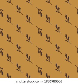 Tonos otoñales sin fisuras con hojas simples marrones imprimidas ramas. Fondo beige. Estilo Doodle. Diseñado para el diseño de tejidos, impresión textil, envoltura, cubierta. Ilustración vectorial.
