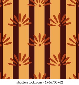 Autumn tones seamless pattern with chamomile flower elements print. Striped beige and maroon background. Flat vector print for textile, fabric, giftwrap, wallpapers. Endless illustration.