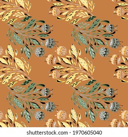 Autumn tones seamless pattern with doodle folk bouquet ornament in beige and blue colors. Brown background. Perfect for fabric design, textile print, wrapping, cover. Vector illustration.