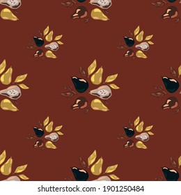 Autumn tones seamless pattern with hand drawn pears and leaf silhouettes. Brown background. Fall harvest print. Stock illustration. Vector design for textile, fabric, giftwrap, wallpapers.