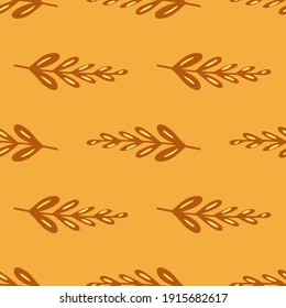 Autumn tones seamless pattern with light brown simple branches elements. Orange background. Perfect for fabric design, textile print, wrapping, cover. Vector illustration.