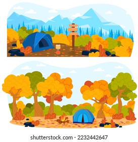 Autumn tourism, tent nature, forest landscape, outdoor travel, camp vacation, design, in style cartoon vector illustration.