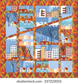 Autumn town in anticipation of winter. Cute cartoon city map on ornamental background. Vector illustration