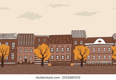 Autumn Town. Seamless Border. Fall Landscape. Autumn Street. Brown Houses, Yellow Trees, Pumpkins, Flowers, Clouds. Hand Drawing Vector Illustration