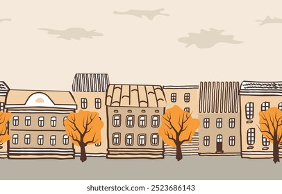Autumn Town. Seamless Border. Fall Landscape. Autumn Street. Beige Houses, Yellow Trees, Clouds. Hand Drawing Vector Illustration