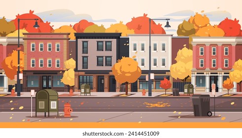 Autumn town street flat vector illustration.  Cozy facades of buildings with shops and cafes.