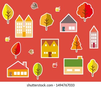 Autumn town. Autumn tree. 
Cute bird. House illustration .