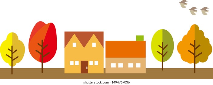 Autumn town. Autumn tree. 
Cute bird. House illustration .