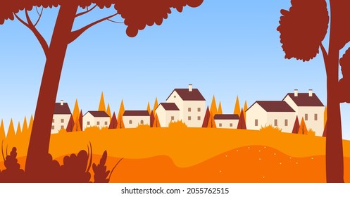Autumn town, village or city urban landscape vector illustration. Cartoon skyline with residential area, building houses, red autumn trees under blue sky, European cityscape panorama background
