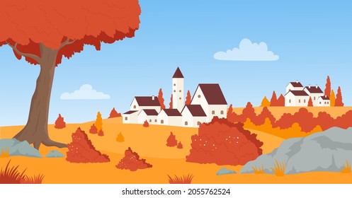 Autumn town or village houses in orange nature park landscape vector illustration. Cartoon fall scenery with European architecture, city buildings among autumn trees in Europe, cityscape background