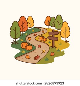 Autumn Trail Icon Illustration Featuring a Winding Path with Falling Orange Leaves and Forest Trees