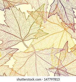 Autumn transparent maple leaves pattern background. Colored art vector autumn leaves pattern.  Fabric texture.