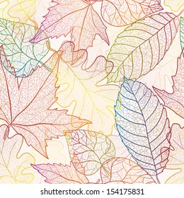 Autumn transparent maple leaves pattern background. Colored art vector autumn leaves pattern.  Fabric texture.