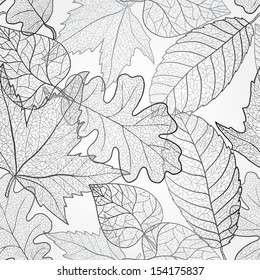 Autumn transparent maple leaves pattern background. Black and white art vector autumn leaves pattern.  Fabric texture.