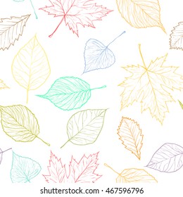 Autumn transparent maple leaves pattern background. Fabric texture. 