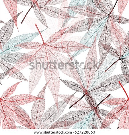 Autumn transparent maple leaves pattern background. Red art vector realistic leaves pattern. Fabric texture.