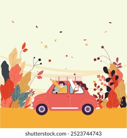 Viaje de otoño, otoño, hojas de otoño, hojas de otoño, hojas de otoño, hojas de otoño, viaje, amantes, amigos, coches, paisaje, ilustración, marrón, fondo