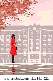 Autumn tree and a alone girl in a red coat. Street of the old city. Beautiful building. A young woman is standing. Sad and waiting. Vector art romantic illustration hand drawn in painting style