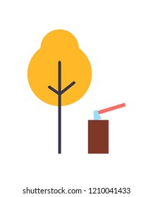 Autumn tree, ax stuck in stump landscape vector set. Schematic picture of natural elements, geometric pieces and figures, in cartoon style icons.