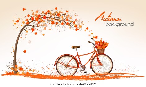 Autumn tree background with bicycle. Vector.