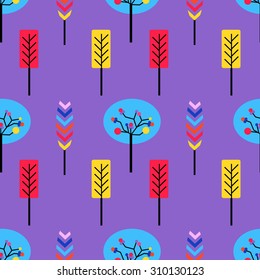Autumn tree background, vector seamless pattern, retro fabric