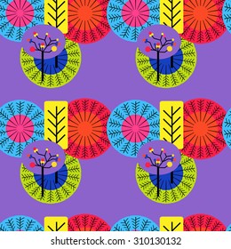 Autumn tree background, vector seamless pattern, retro fabric