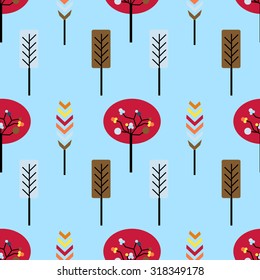 Autumn tree background, vector seamless pattern, retro fabric