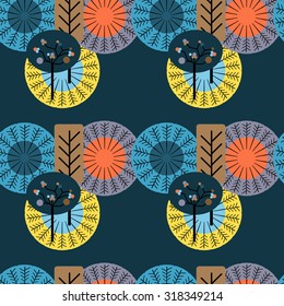 Autumn tree background, vector seamless pattern, retro fabric