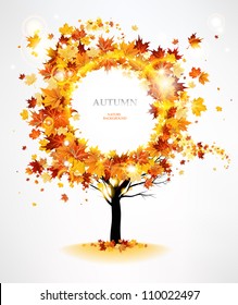 Autumn tree with beautiful flying leaves with space for text