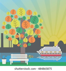 Autumn tree, bench to the trash and ship. Fall in the city. Vector illustration.