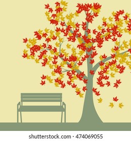Autumn tree and benches, falling maple leaves, vector illustration