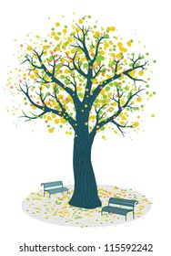 Autumn tree and benches vector illustration