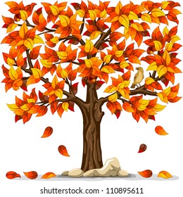 Autumn tree with bird isolated on white background