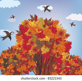 Autumn tree with birds landscape