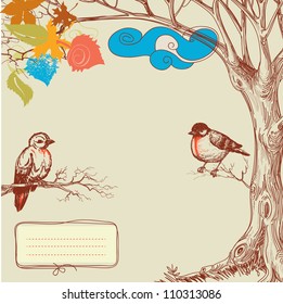 Autumn tree and birds vector background