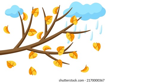 Autumn tree branch with falling yellow leaves. Seasonal illustration.