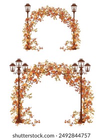 autumn tree branches arch in the park with street lights forming passage - fall eason in the city park vector design set