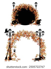 Arco de ramas de árbol de otoño con luces de calle que forman personajes de pasaje y halloween - diseño de Vector de temporada de otoño con Jack o lantern, gato brujo negro y araña