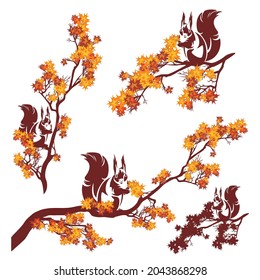 autumn tree branches with bright fall season foliage and sitting squirrel - vector forest wildlife design elements set
