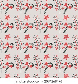 Autumn tree branches with dry leaves, isolated candy stick with decorative ribbon bow. Winter holiday preparation for xmas and new year. Seamless pattern, background or print. Vector in flat style