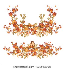 autumn tree branches making natural fall season decorative border with sitting bird - vector design elements set