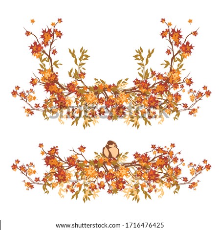 autumn tree branches making natural fall season decorative border with sitting bird - vector design elements set