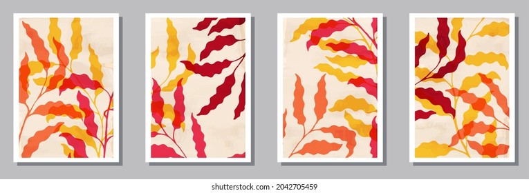 Autumn tree branches with red prange yellow dry leaves. Twigs branches with autumn foliage backgrounds collection.
