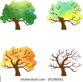 autumn tree changes painted by watercolor, four seasons , vector illustration